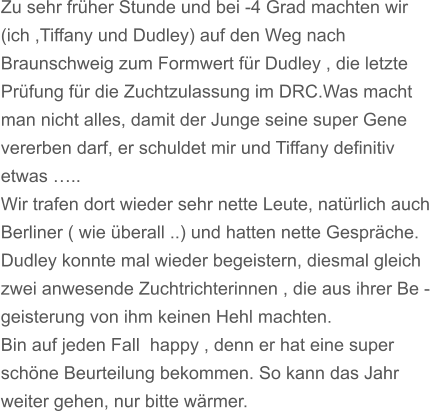 Zu sehr frher Stunde und bei -4 Grad machten wir  (ich ,Tiffany und Dudley) auf den Weg nach Braunschweig zum Formwert fr Dudley , die letzte Prfung fr die Zuchtzulassung im DRC.Was macht man nicht alles, damit der Junge seine super Gene  vererben darf, er schuldet mir und Tiffany definitiv etwas .. Wir trafen dort wieder sehr nette Leute, natrlich auch Berliner ( wie berall ..) und hatten nette Gesprche. Dudley konnte mal wieder begeistern, diesmal gleich  zwei anwesende Zuchtrichterinnen , die aus ihrer Be - geisterung von ihm keinen Hehl machten. Bin auf jeden Fall  happy , denn er hat eine super schne Beurteilung bekommen. So kann das Jahr weiter gehen, nur bitte wrmer.